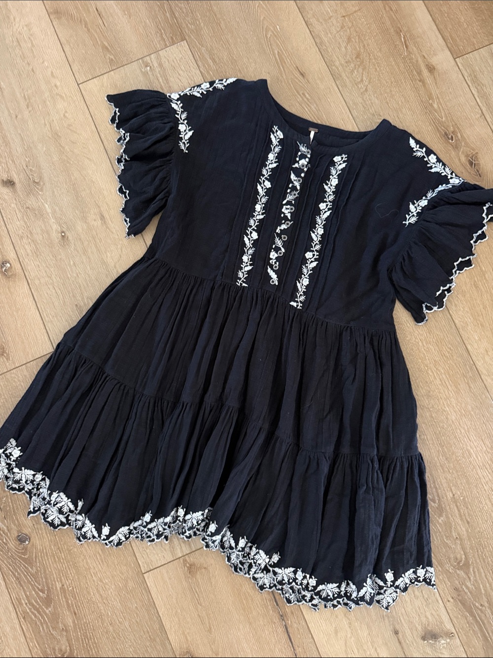 Free People black Embroidered Tiered Mini Dress